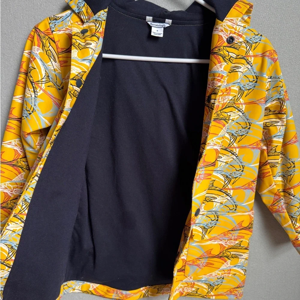 Hartstrings Raincoat Kids Size 4 Yellow Marlin Fish Print Hooded Jacket Snap Up